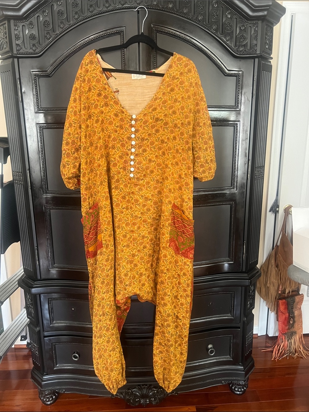 Kantha Bae Boho Floral Harem Jumpsuit in Mustard Yellow